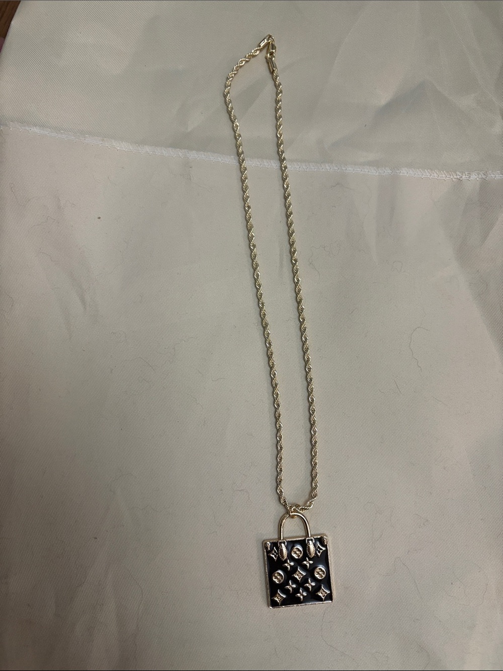 LV CHARM Gold Chain unbranded with Black Square Padlock Pendant